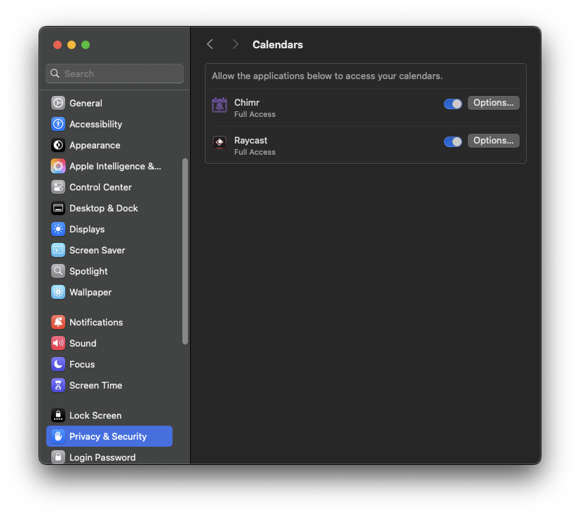 System Settings Privacy &amp; Security - Calendar Access