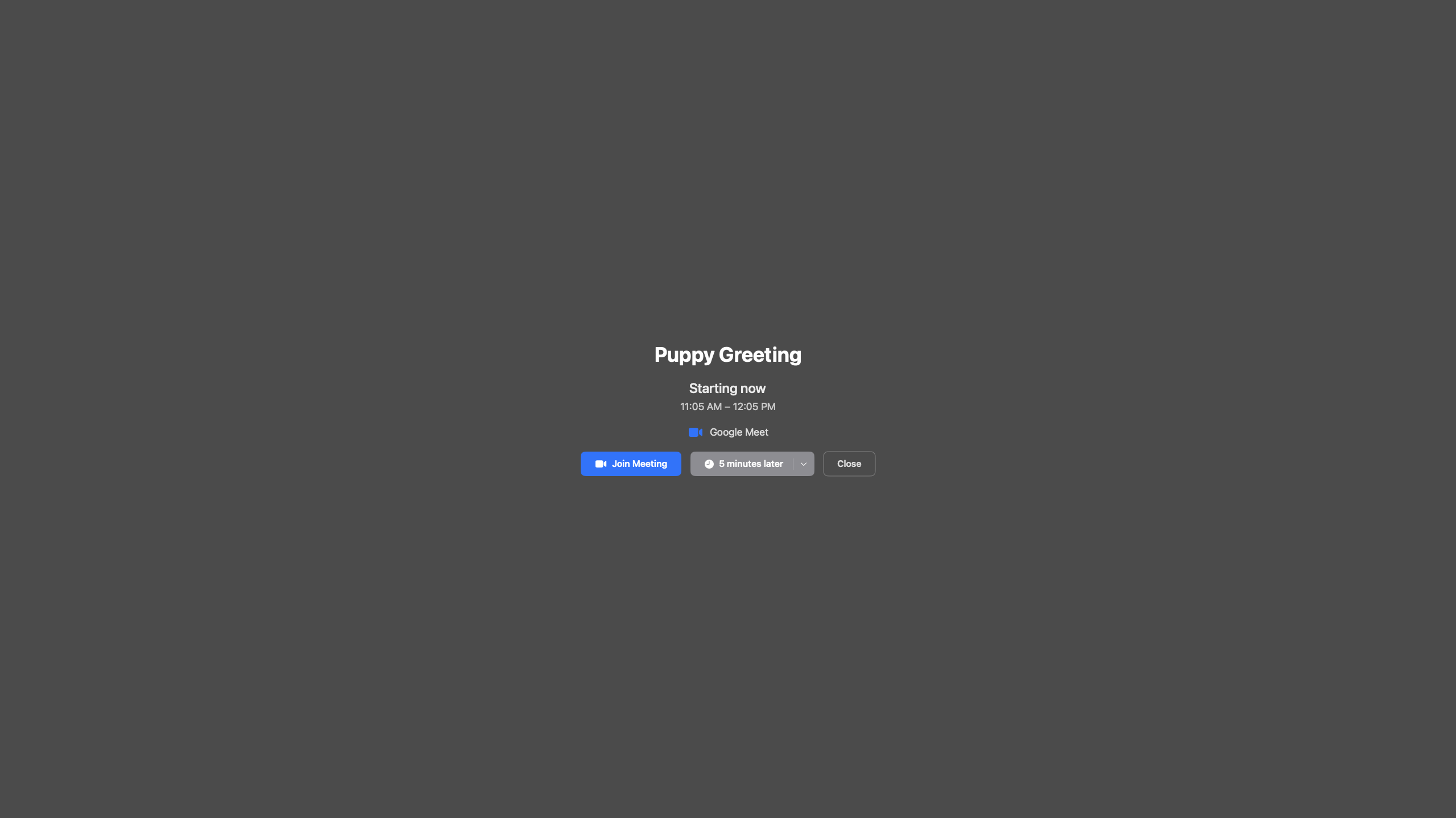 Chimr fullscreen notification showing a Google Meet meeting