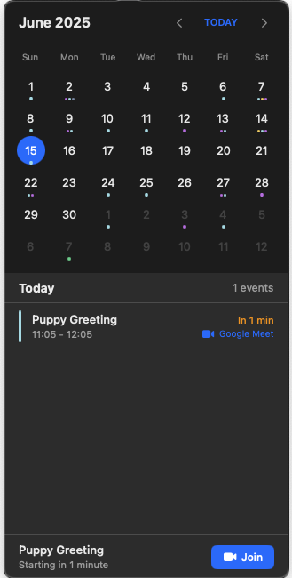 Chimr menu bar showing today's events and upcoming meetings